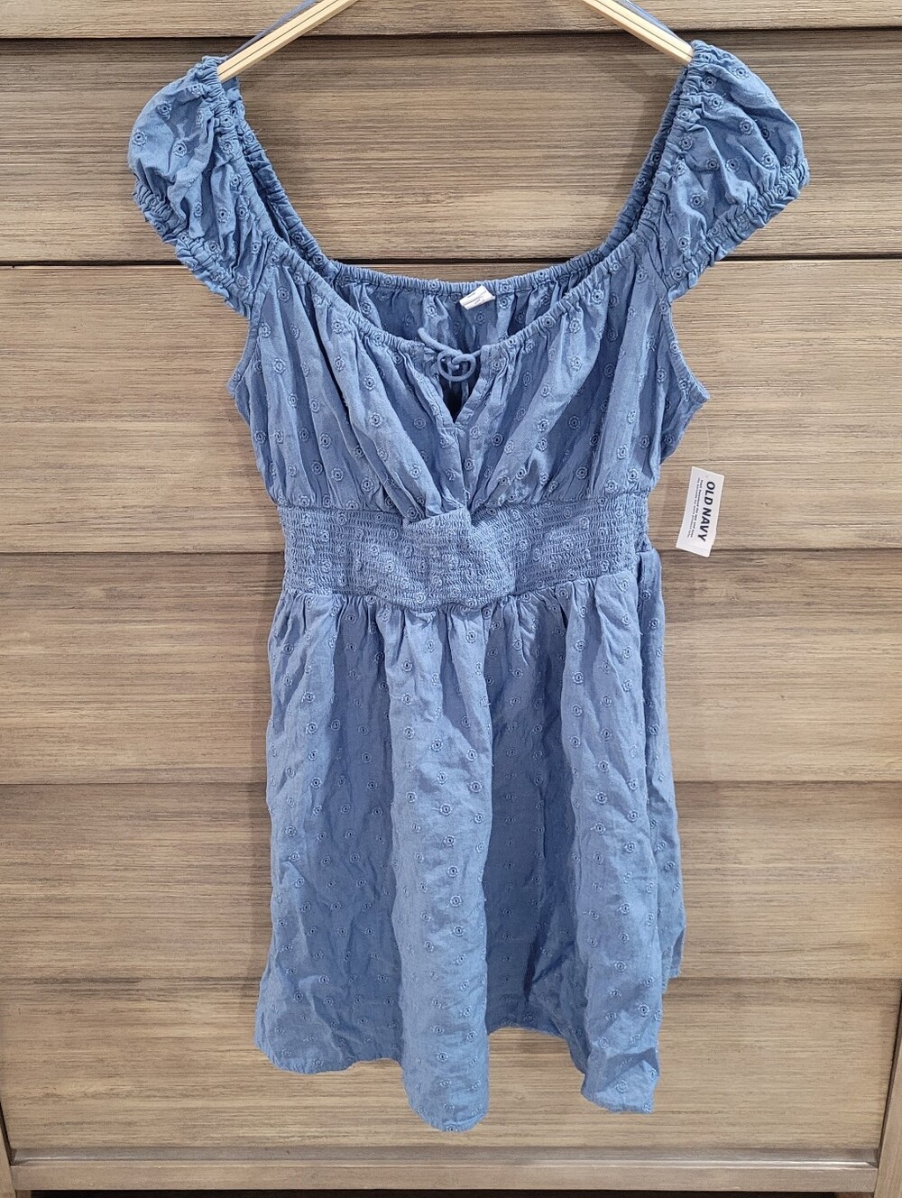 Old Navy Blue Eyelet Smocked-Waist Milkmaid Dress